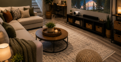 Small basement remodel ideas on a budget with a portable projector, vinyl flooring, modern track lighting, cozy seating, and smart storage.