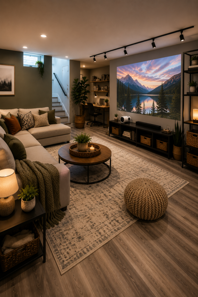 Small basement remodel ideas on a budget with a portable projector, vinyl flooring, modern track lighting, cozy seating, and smart storage.
