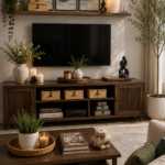 Modern TV stand decor featuring ceramic vases, woven baskets, candles, books, artwork, and greenery in a cozy living room.