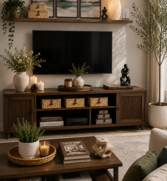 Modern TV stand decor featuring ceramic vases, woven baskets, candles, books, artwork, and greenery in a cozy living room.