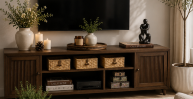 Modern TV stand decor featuring ceramic vases, woven baskets, candles, books, artwork, and greenery in a cozy living room.