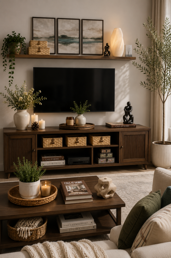 Modern TV stand decor featuring ceramic vases, woven baskets, candles, books, artwork, and greenery in a cozy living room.
