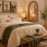 Bedroom decor with cozy layered bedding, botanical wall art, warm lighting, rattan mirror, and natural accents