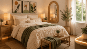 Bedroom decor with cozy layered bedding, botanical wall art, warm lighting, rattan mirror, and natural accents