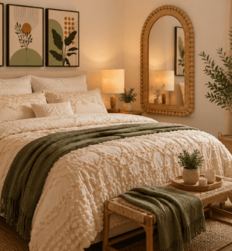 Bedroom decor with cozy layered bedding, botanical wall art, warm lighting, rattan mirror, and natural accents