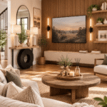 Modern farmhouse living room featuring a wood slat accent wall, floating shelves, warm LED wall sconces, neutral furniture, and cozy natural décor.