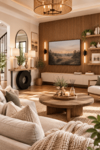 Modern farmhouse living room featuring a wood slat accent wall, floating shelves, warm LED wall sconces, neutral furniture, and cozy natural décor.