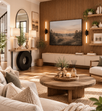 Modern farmhouse living room featuring a wood slat accent wall, floating shelves, warm LED wall sconces, neutral furniture, and cozy natural décor.