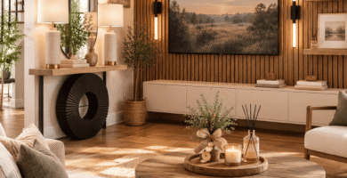 Modern farmhouse living room featuring a wood slat accent wall, floating shelves, warm LED wall sconces, neutral furniture, and cozy natural décor.