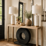 Modern entryway table featuring ceramic table lamps, decorative tray, elegant vase, arched mirror, and contemporary foyer styling with warm natural lighting.