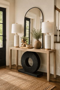 Modern entryway table featuring ceramic table lamps, decorative tray, elegant vase, arched mirror, and contemporary foyer styling with warm natural lighting.