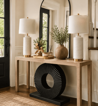 Modern entryway table featuring ceramic table lamps, decorative tray, elegant vase, arched mirror, and contemporary foyer styling with warm natural lighting.