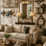 Stylish living room with framed wall art, decorative mirror, floating shelves, sculptural accents, and warm neutral decor