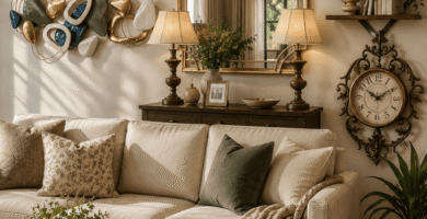 Stylish living room with framed wall art, decorative mirror, floating shelves, sculptural accents, and warm neutral decor