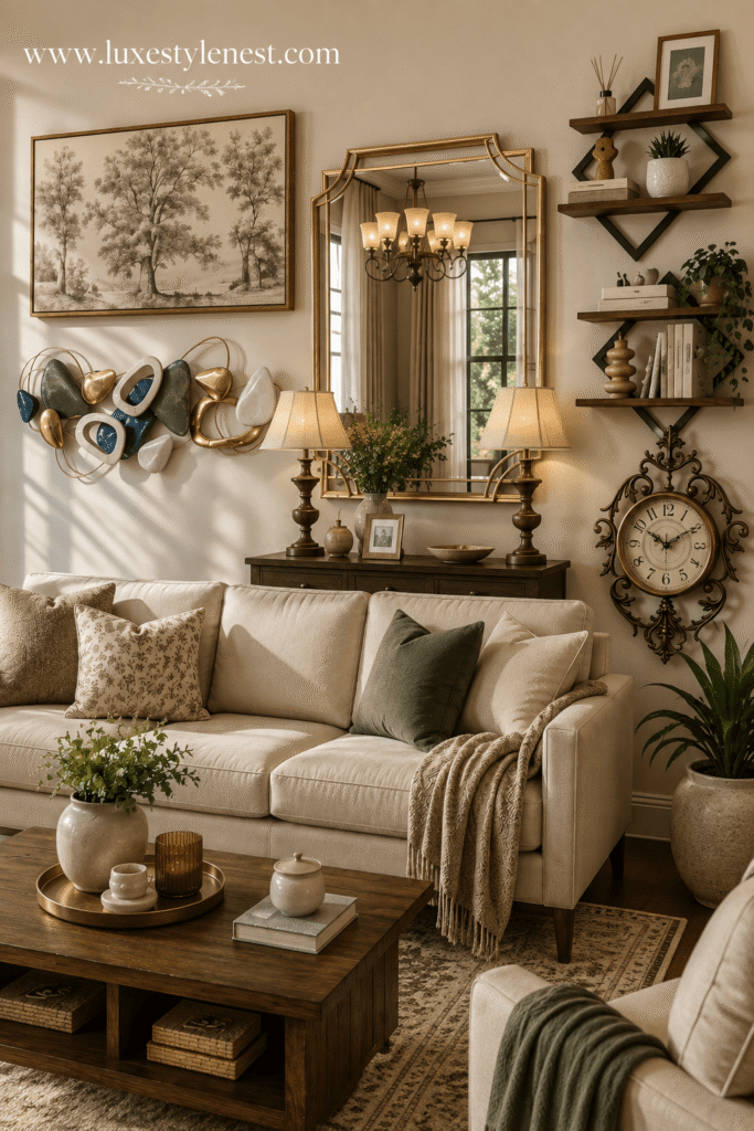 Stylish living room with framed wall art, decorative mirror, floating shelves, sculptural accents, and warm neutral decor