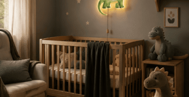 Aurelema Dinosaur Sleeping Night Light in a cozy kids room