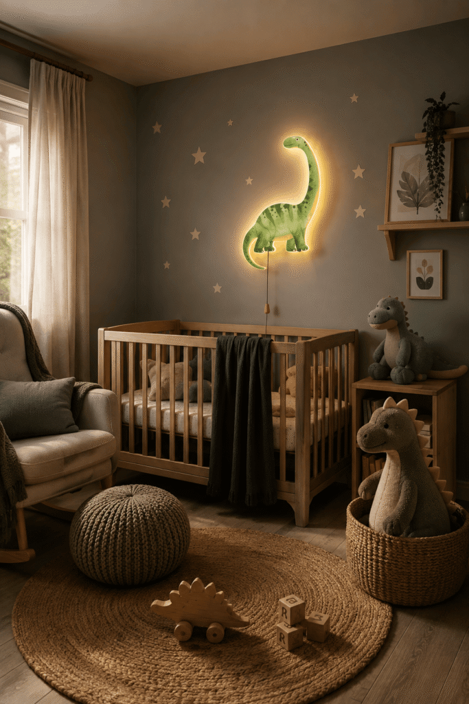 Aurelema Dinosaur Sleeping Night Light in a cozy kids room