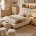 Modern bedroom with a full-size bed, wood dressers, nightstands, upholstered bench, warm lighting, and neutral decor