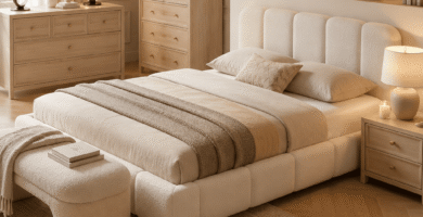 Modern bedroom with a full-size bed, wood dressers, nightstands, upholstered bench, warm lighting, and neutral decor