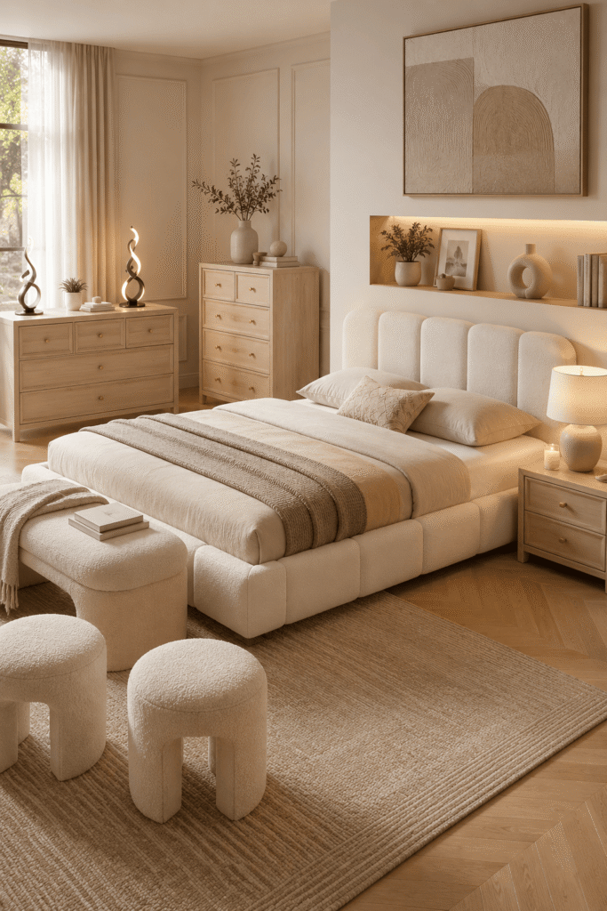 Modern bedroom with a full-size bed, wood dressers, nightstands, upholstered bench, warm lighting, and neutral decor