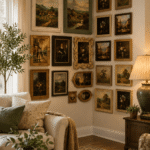 Alt Text Corner wall gallery ideas featuring coordinated vintage picture frames arranged in a cozy modern farmhouse living room with warm natural lighting