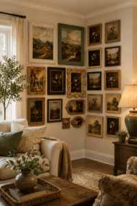Alt Text Corner wall gallery ideas featuring coordinated vintage picture frames arranged in a cozy modern farmhouse living room with warm natural lighting