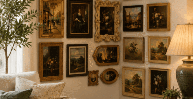 Alt Text Corner wall gallery ideas featuring coordinated vintage picture frames arranged in a cozy modern farmhouse living room with warm natural lighting