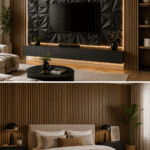 Modern living room and bedroom featuring geometric 3D and wood slat decorative wall panels