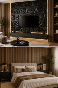 Modern living room and bedroom featuring geometric 3D and wood slat decorative wall panels