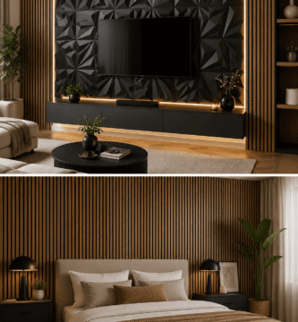 Modern living room and bedroom featuring geometric 3D and wood slat decorative wall panels