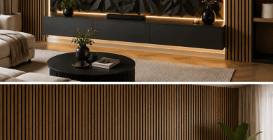 Modern living room and bedroom featuring geometric 3D and wood slat decorative wall panels