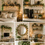 Fake vines for room decor styled on floating shelves in a cozy modern living room.