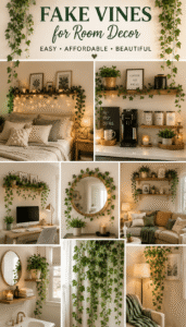 Fake vines for room decor styled on floating shelves in a cozy modern living room.