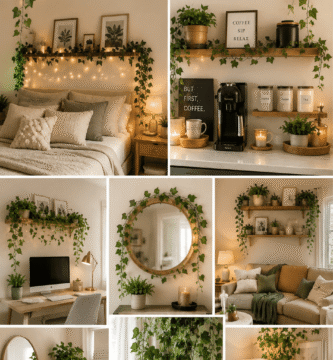 Fake vines for room decor styled on floating shelves in a cozy modern living room.