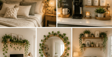 Fake vines for room decor styled on floating shelves in a cozy modern living room.