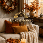 cozy fall decor living room with pumpkins and chunky knit blanket