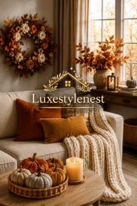 cozy fall decor living room with pumpkins and chunky knit blanket