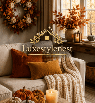 cozy fall decor living room with pumpkins and chunky knit blanket