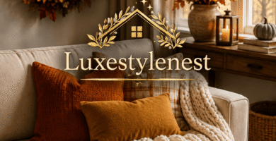 cozy fall decor living room with pumpkins and chunky knit blanket