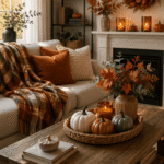 Cozy fall living room with plaid blanket, ceramic pumpkins, autumn flowers, and warm seasonal accents