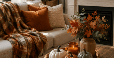 Cozy fall living room with plaid blanket, ceramic pumpkins, autumn flowers, and warm seasonal accents