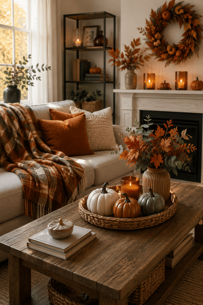 Cozy fall living room with plaid blanket, ceramic pumpkins, autumn flowers, and warm seasonal accents
