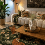 Designer-inspired living room with layered lighting, statement rug, wall art, luxury pillows, and decorative accents