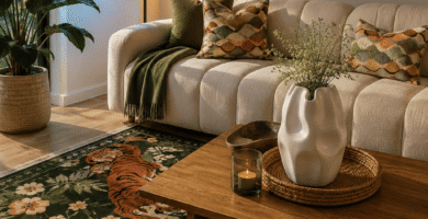 Designer-inspired living room with layered lighting, statement rug, wall art, luxury pillows, and decorative accents