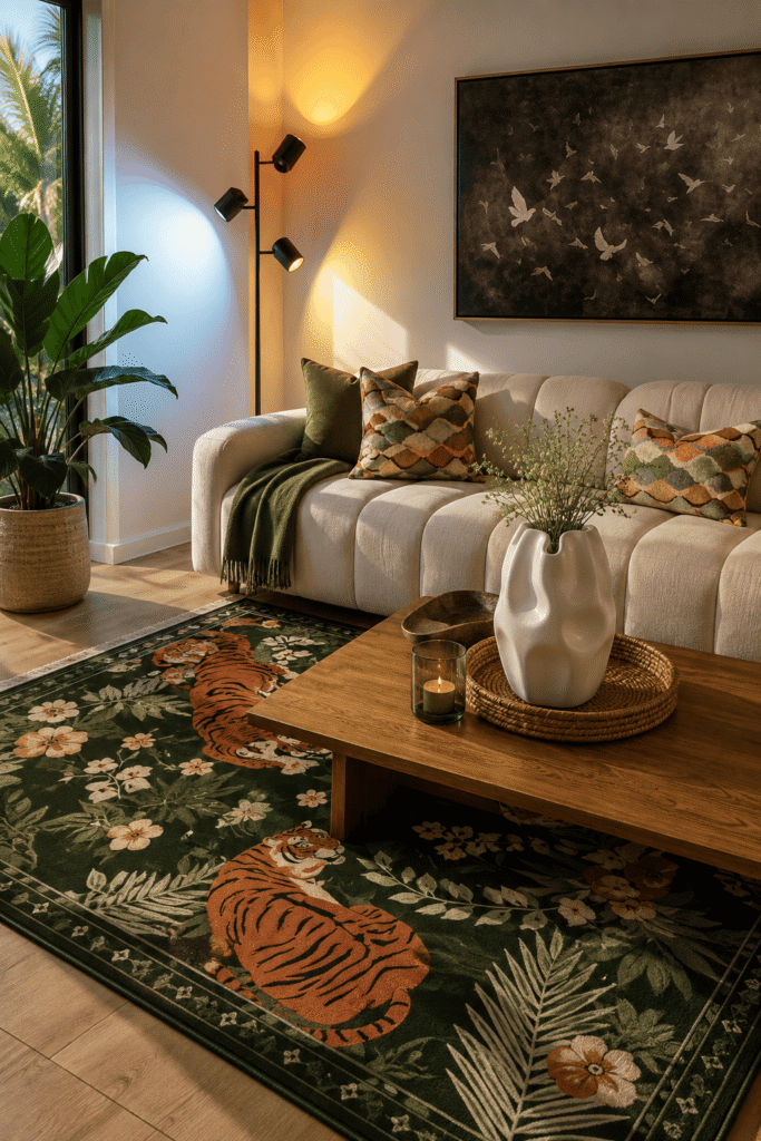 Designer-inspired living room with layered lighting, statement rug, wall art, luxury pillows, and decorative accents