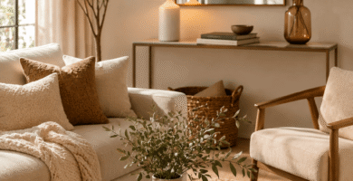 Minimalist home decor essentials in a warm luxurious living room with neutral furniture, natural wood, woven textures, and elegant accents