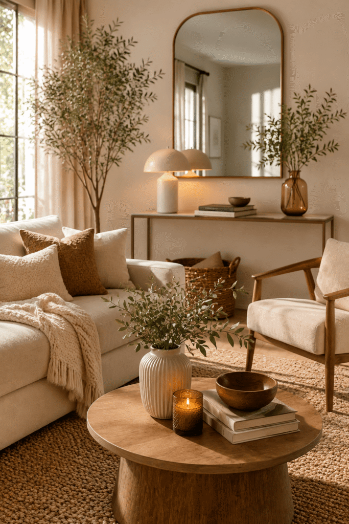 Minimalist home decor essentials in a warm luxurious living room with neutral furniture, natural wood, woven textures, and elegant accents