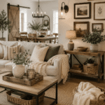 Modern farmhouse living room with neutral furniture, natural wood, woven baskets, greenery, rustic lighting, and cozy budget-friendly decor