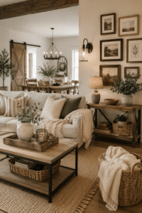 Modern farmhouse living room with neutral furniture, natural wood, woven baskets, greenery, rustic lighting, and cozy budget-friendly decor