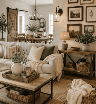 Modern farmhouse living room with neutral furniture, natural wood, woven baskets, greenery, rustic lighting, and cozy budget-friendly decor